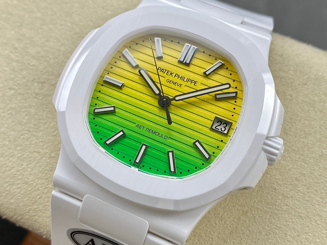 White sport watch with green-yellow dial, baton markers, date window, and AMG strap tag