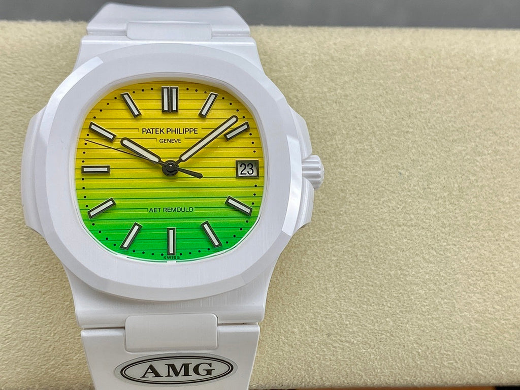 White sport watch front view with green-yellow dial, baton markers, and date window at 3