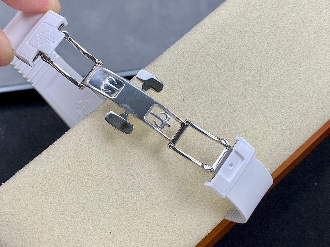 Patek Philippe wristwatch clasp, white link bracelet with metal buckle and clasp