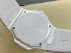 Patek Philippe wristwatch case back on white band, engraved markings and screws