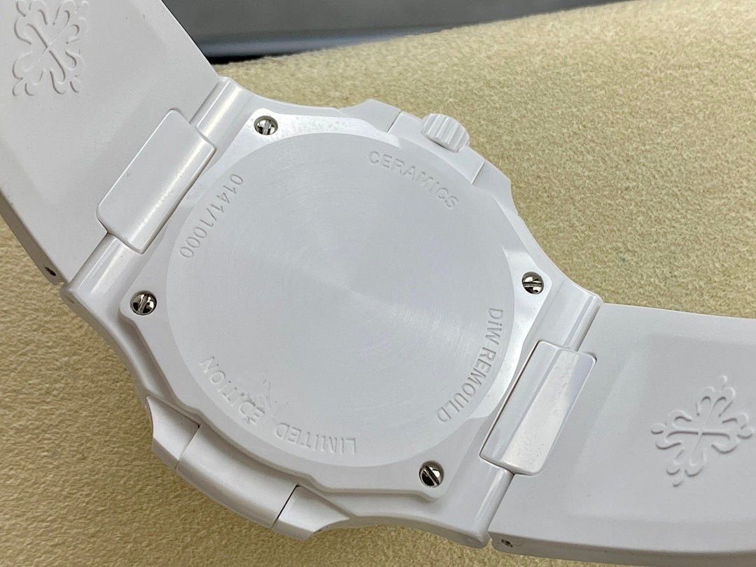 Patek Philippe wristwatch case back on white band, engraved markings and screws