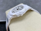 Patek Philippe wristwatch side profile with crown and white strap