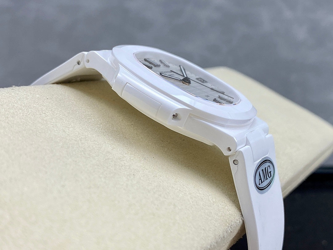 Patek Philippe wristwatch profile with AMG badge on white band