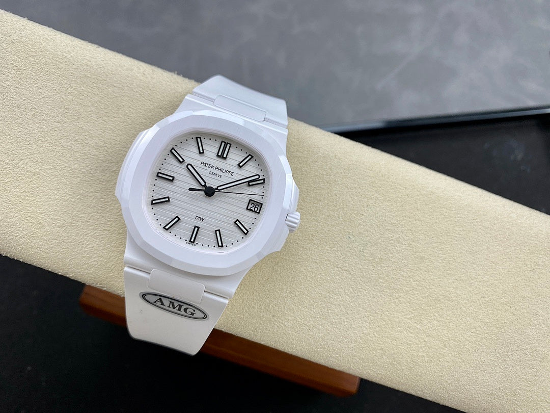 Patek Philippe wristwatch on beige cushion, white dial with black indices and hands