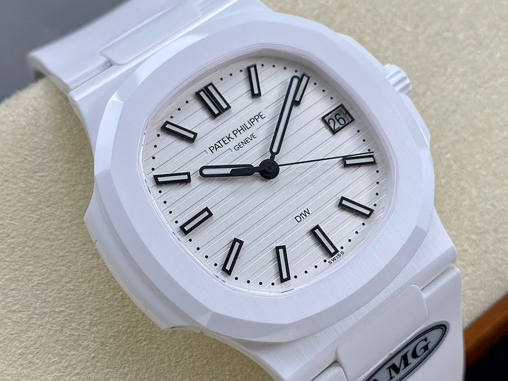 Patek Philippe wristwatch dial close-up, white face with black indices and date at 26