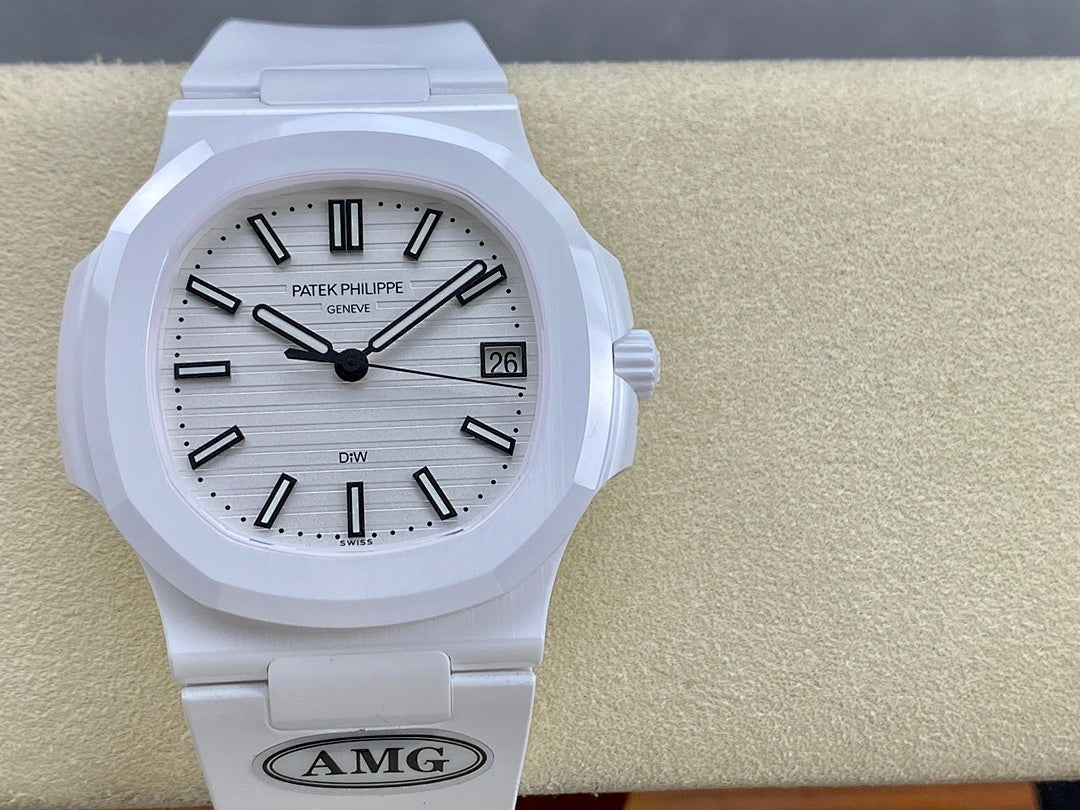 Patek Philippe wristwatch front view, white dial with date window and black hands