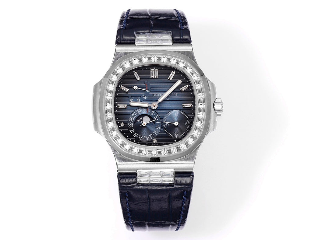 Luxury wristwatch, blue dial, stainless-steel case, blue leather strap
