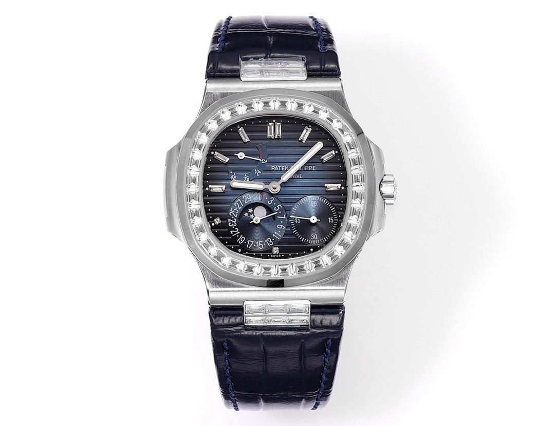 Luxury wristwatch, blue dial, stainless-steel case, blue leather strap