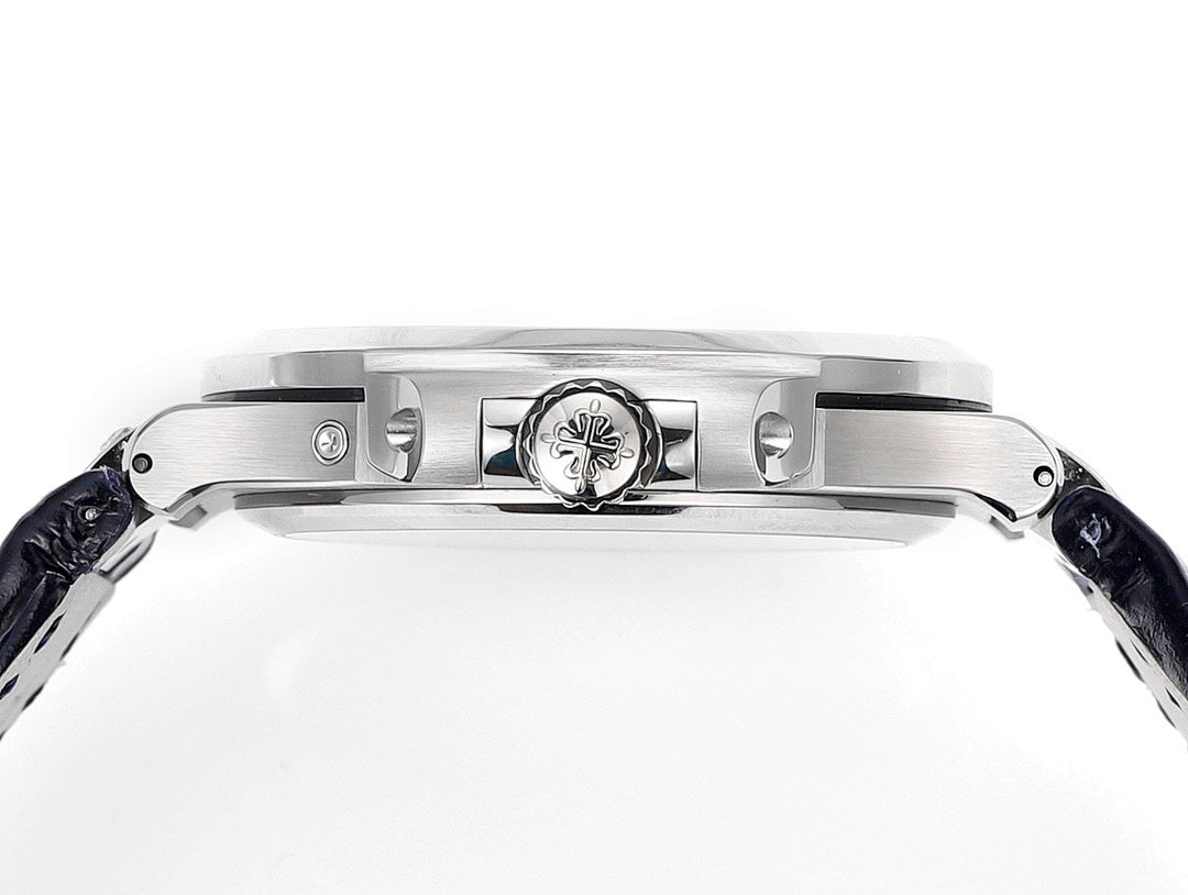 Wristwatch case profile with engraved emblem on the side and blue leather strap ends
