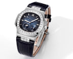 Luxury wristwatch, blue dial and gem-set bezel, stainless-steel case, blue leather strap