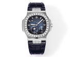 Luxury wristwatch, full view, blue dial, stainless-steel case, blue leather strap