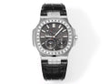 Patek Philippe watch with black dial, diamond bezel, and black leather strap.