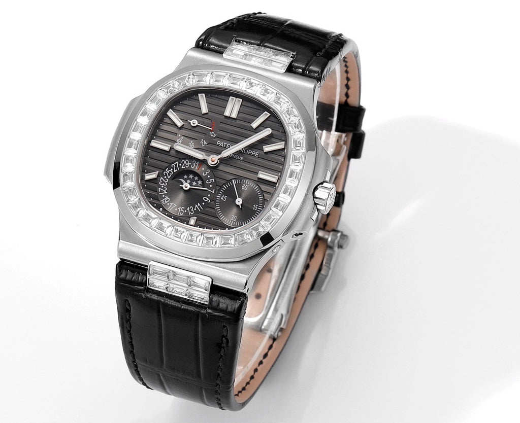 Patek Philippe watch angled view with black dial, diamond bezel, and black leather strap.