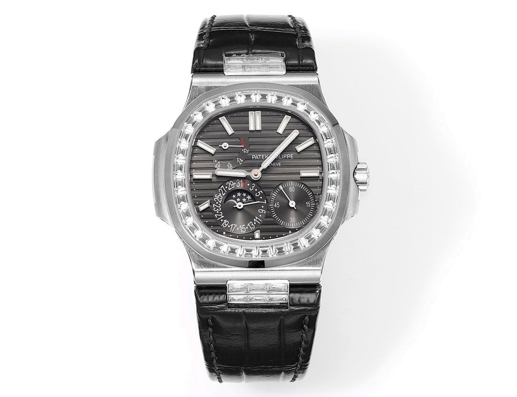 Patek Philippe watch front view with black dial, diamond bezel, and black leather strap.