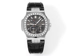 Patek Philippe watch front view with black dial, diamond bezel, and black leather strap.
