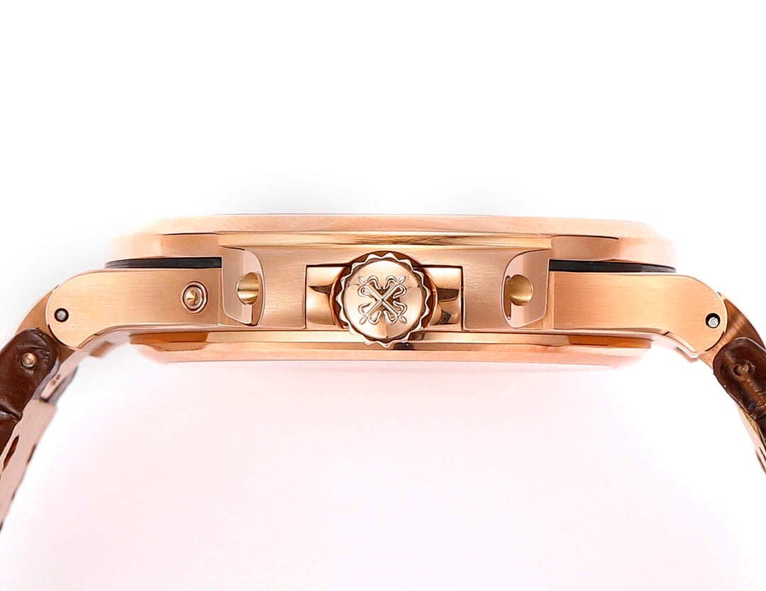 Patek Philippe rose-gold wristwatch case side with crown and embossed emblem