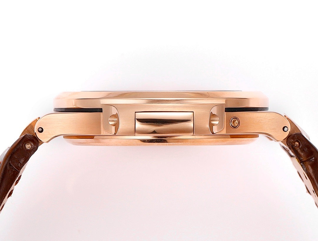 Patek Philippe rose-gold wristwatch case side with crown and strap lugs