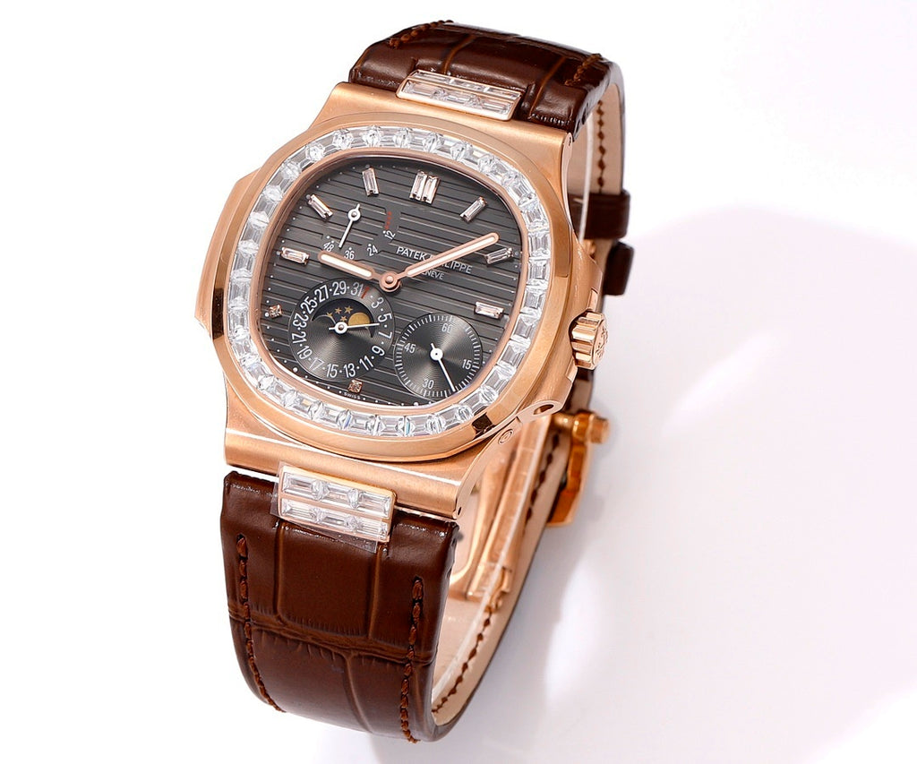 Patek Philippe rose-gold wristwatch with dark dial, diamond bezel, and brown leather strap