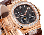 Patek Philippe wristwatch dial close-up with dark face, gem-set bezel and hands