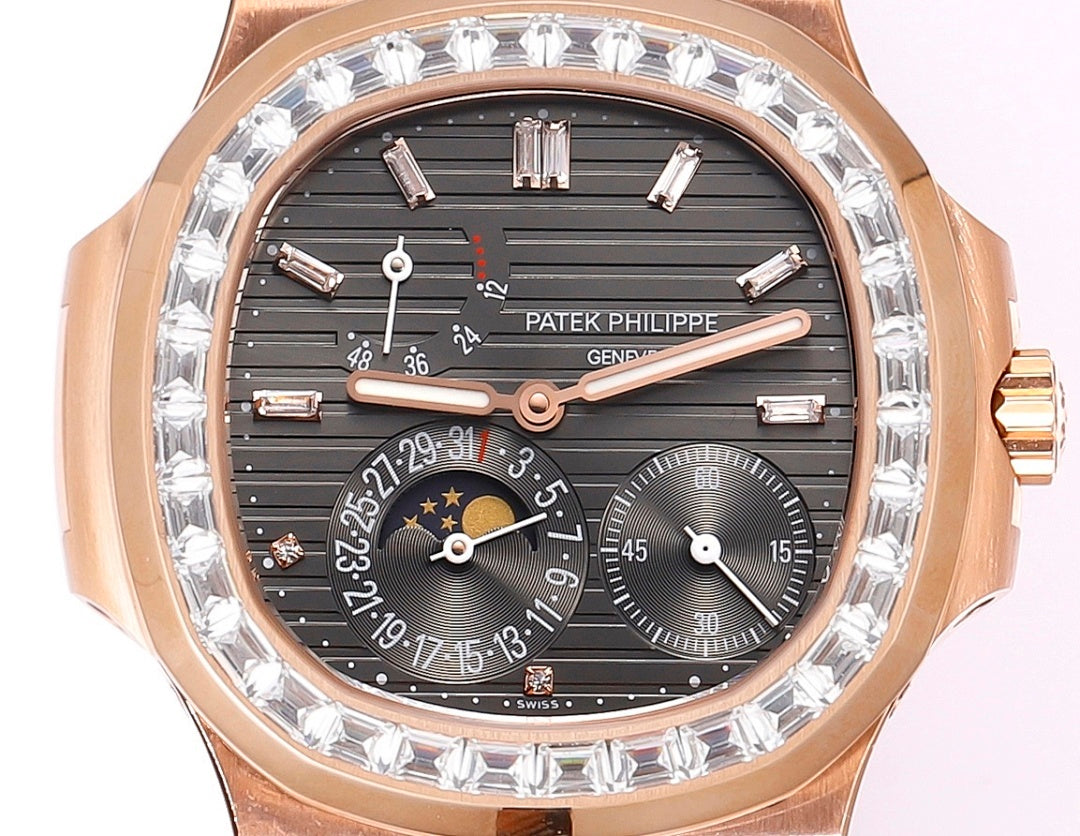 Patek Philippe wristwatch dial with dark face, gem-set bezel, and subdials