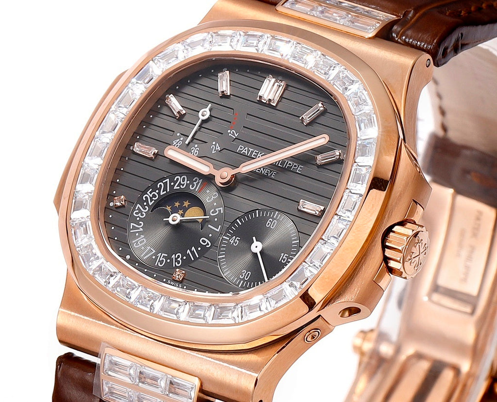 Patek Philippe wristwatch dial close-up with dark face and brown leather strap