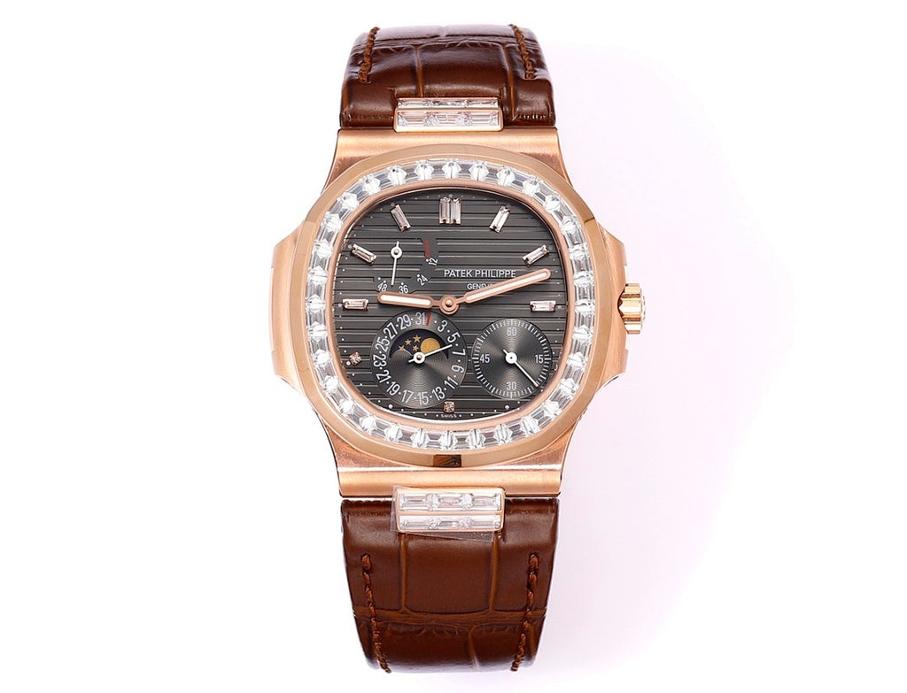 Patek Philippe rose-gold wristwatch with brown leather strap and sparkling bezel
