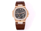 Patek Philippe rose-gold wristwatch with brown leather strap and sparkling bezel