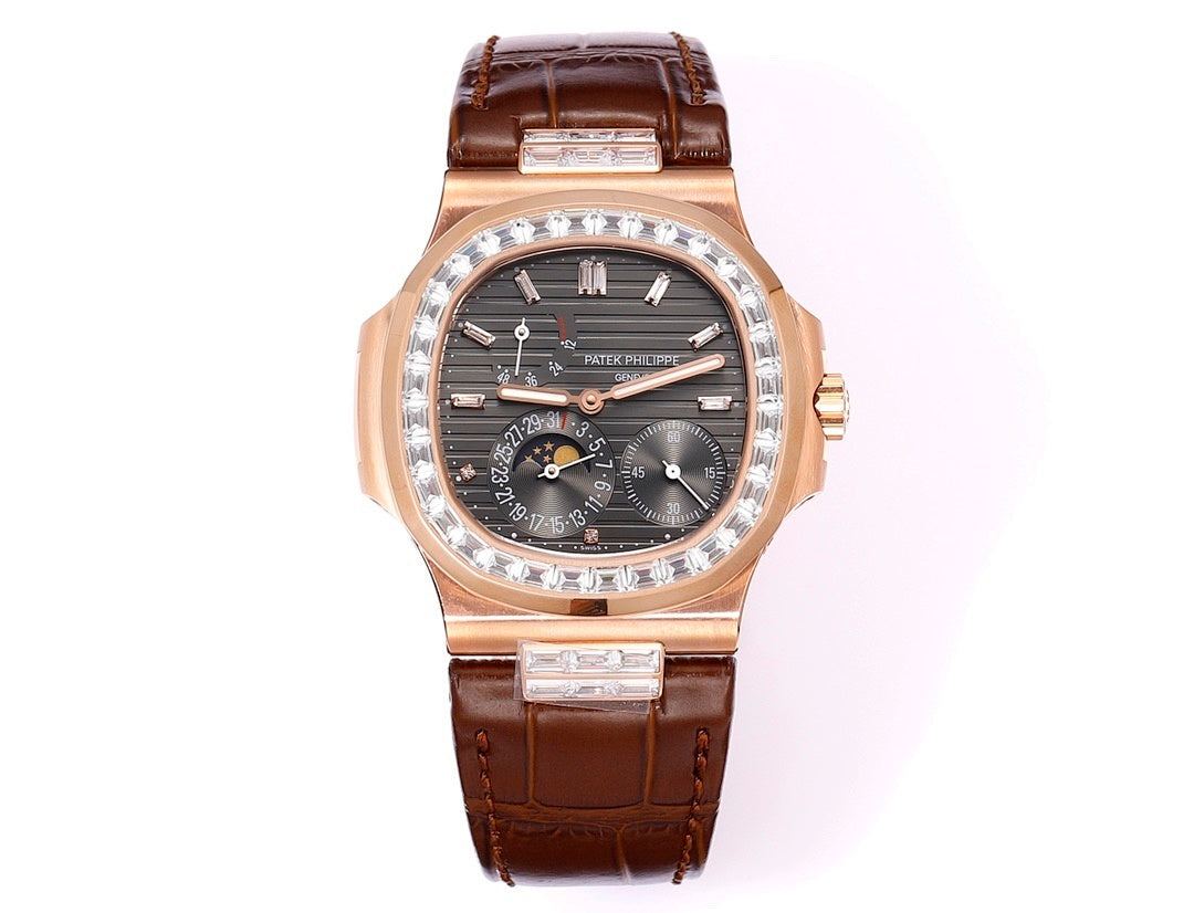 Patek Philippe rose-gold wristwatch with brown leather strap and sparkling bezel