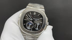 Stainless steel watch with black dial, blue accent hands, chronograph subdials