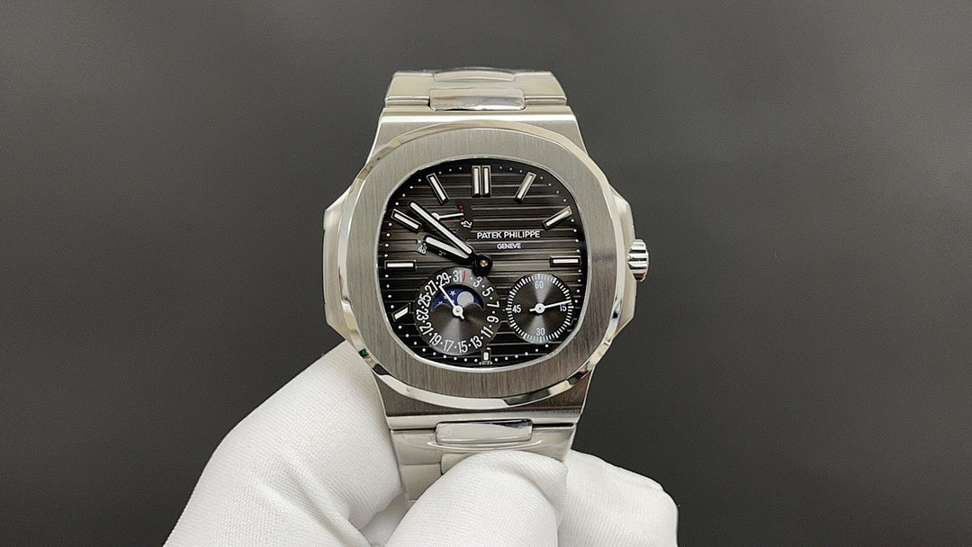 Stainless steel chronograph watch with black dial and silver subdials, centered front view