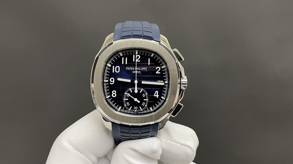 Patek Philippe blue-dial watch with stainless case and blue strap, front view