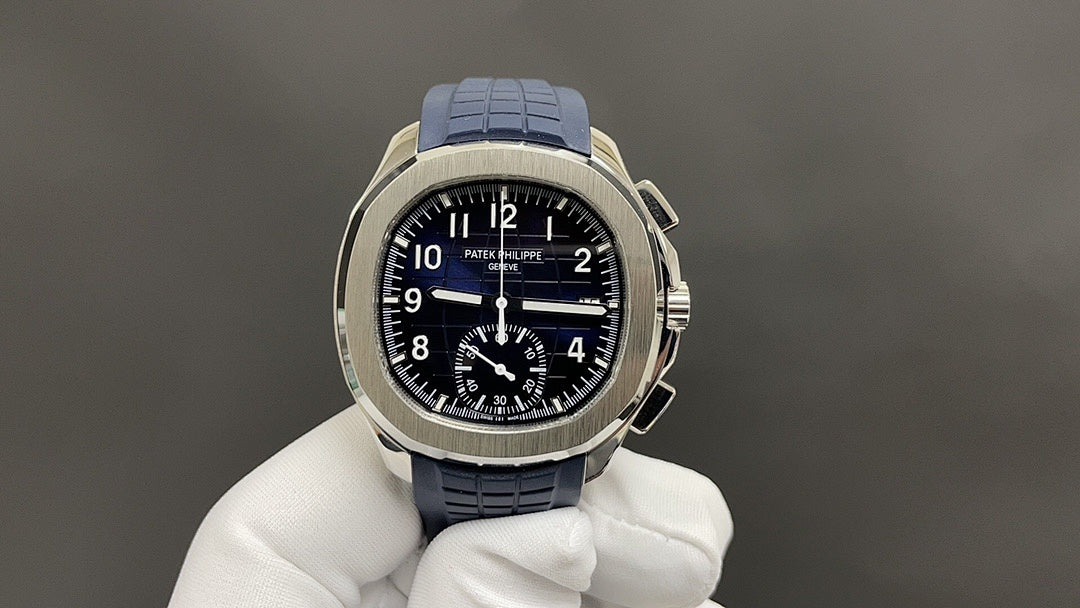 Patek Philippe blue-dial watch with stainless case and blue strap, front view
