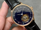 Patek Philippe wristwatch close-up, navy dial with open movement, black leather strap