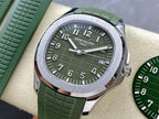 Green dial wristwatch with silver bezel and green rubber strap