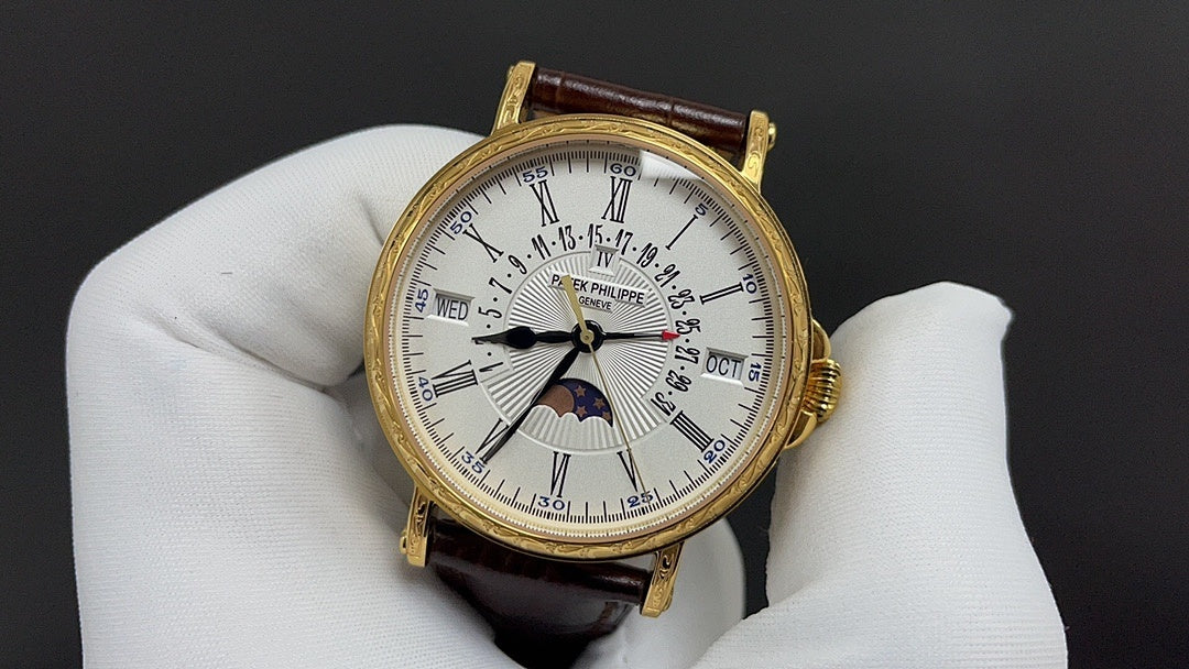 Patek Philippe watch with white dial, black Roman numerals, brown leather strap.