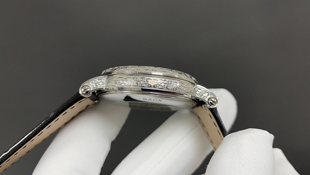 Patek Philippe watch side profile with silver case and brown leather strap