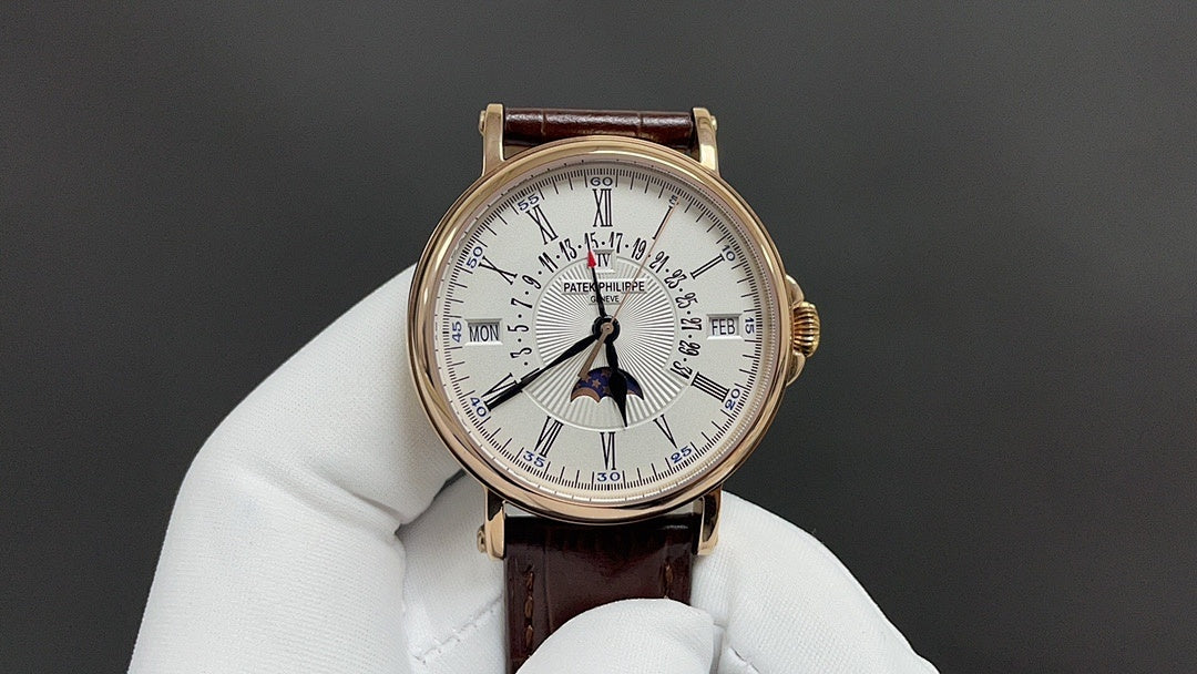Patek Philippe wristwatch front view with white dial, gold case, dark brown leather strap