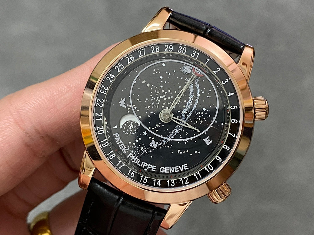 Luxury wristwatch with black starry dial and rose-gold case, black leather strap