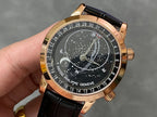 Luxury wristwatch with black starry dial and rose-gold case, black leather strap