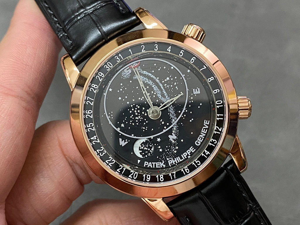 Luxury wristwatch front view with black starry dial, rose-gold case, and black leather strap