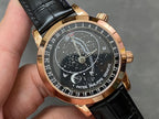 Luxury wristwatch front view with black starry dial, rose-gold case, and black leather strap