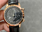 Luxury wristwatch front view with black starry dial and black leather strap on rose-gold case
