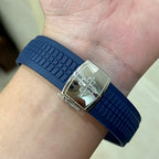 Blue rubber watch strap with silver square buckle clasp