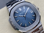 Patek Philippe steel wristwatch with textured blue dial and baton hour markers