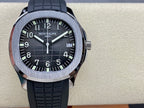 Patek Philippe wristwatch front view: black dial, silver bezel, black rubber strap.