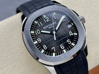 Patek Philippe wristwatch close-up: black dial, silver bezel, black rubber strap.