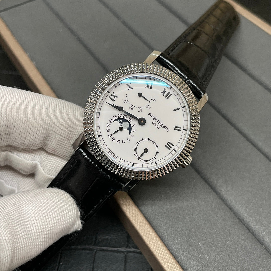 Patek Philippe watch with white dial, Roman numerals, black leather strap