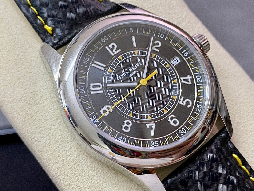 Luxury wristwatch with stainless case, dark patterned dial, yellow hands, and black textured strap.