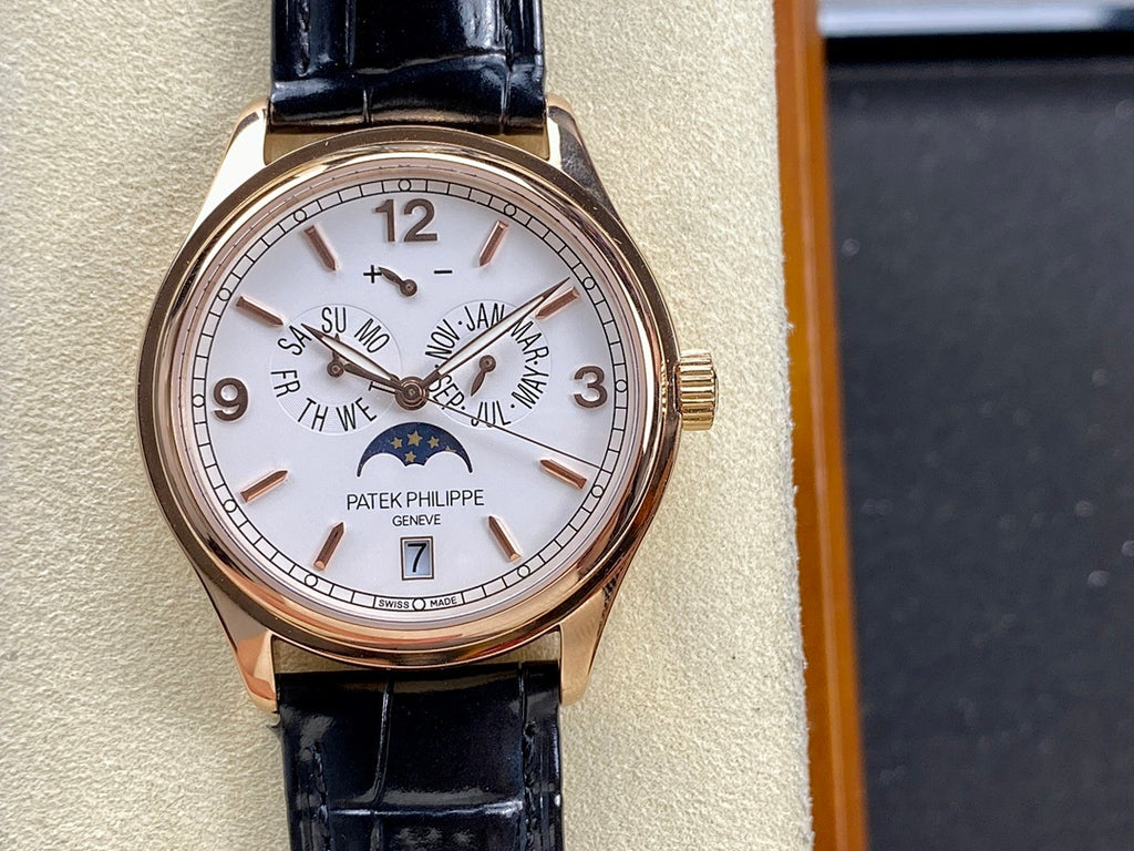 Patek Philippe watch front view with white dial, star globe center, black leather strap