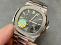 Patek Philippe stainless steel wristwatch with gray striped dial and black subdials